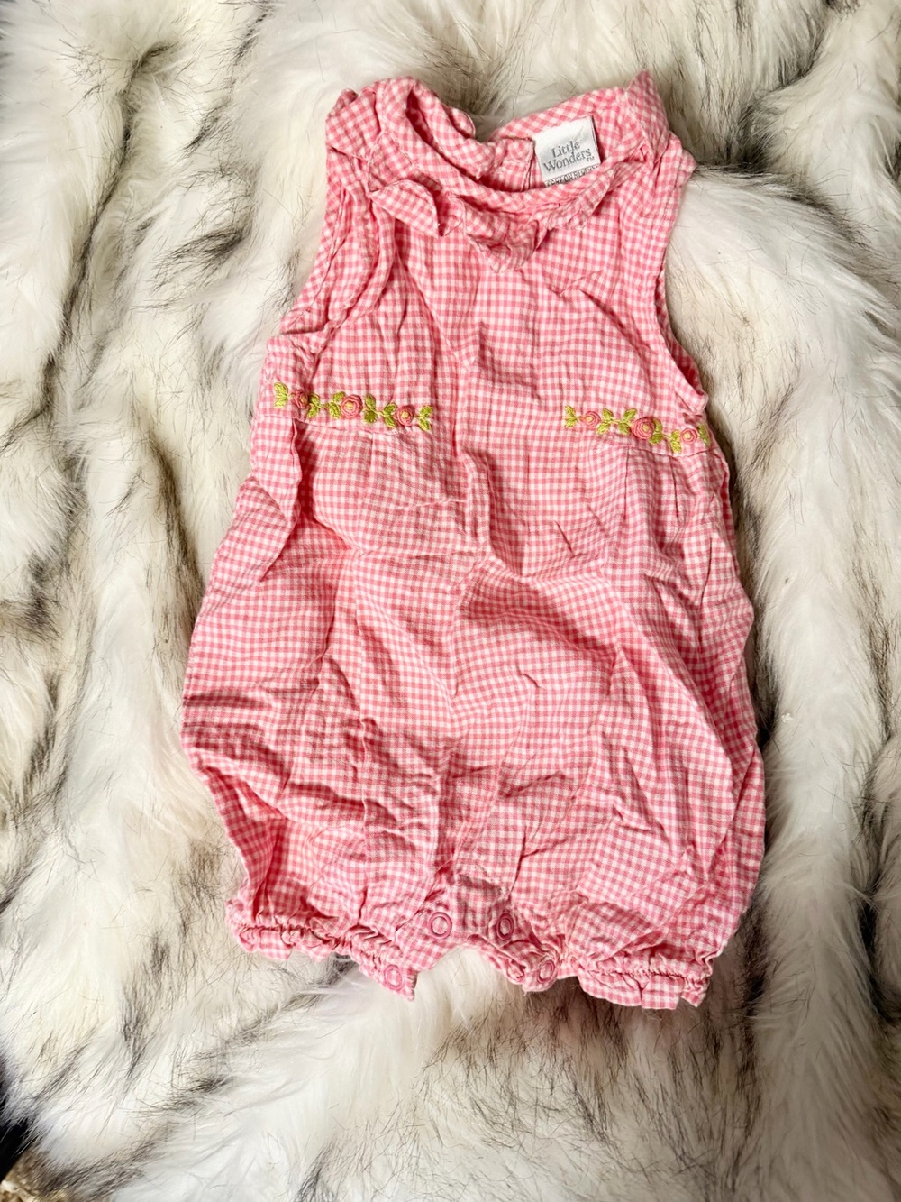 Little Me Pink Gingham Sleeveless Romper with Embroidered Trim